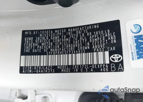 2015 Toyota Corolla Le Eco Premium из США, поврежденный, VIN 5YFBPRHE5FP344933